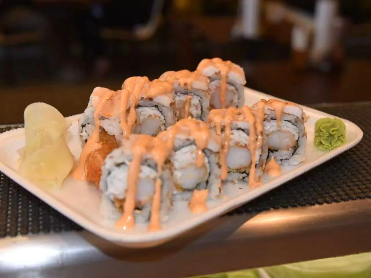 Sushi roll with shrimp and spicy mayo drizzle at Bayou Fresh Seafood & Deli a Asian Fusion Restaurant in Jasper